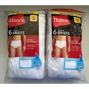 Hanes Tagless Briefs Value Pack of 6 Pair White Underwear x 2 Pkgs Men's Size L